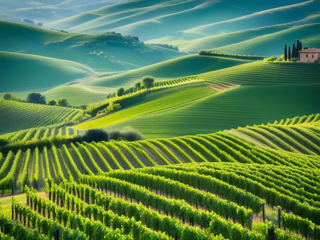 Un paisaje abstracto de colinas y viñedos en la Toscana, con terrazas ordenadas y una paleta de colores vibrante