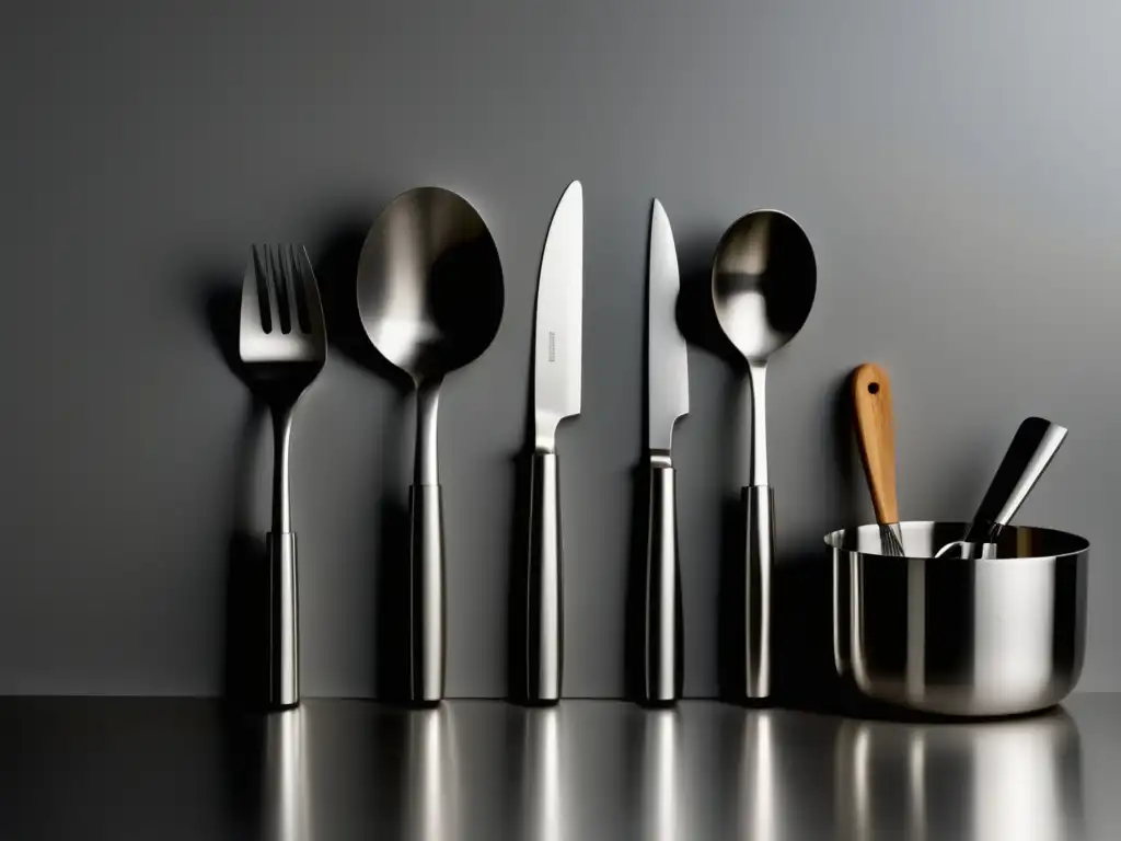 Imagen de encimera de cocina minimalista con utensilios de cocina de aluminio