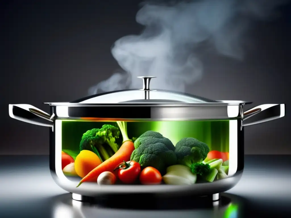 Los Secretos Mejor Guardados de la Cocción al Vapor: Vegetales vibrantes en una olla de acero inoxidable con vapor