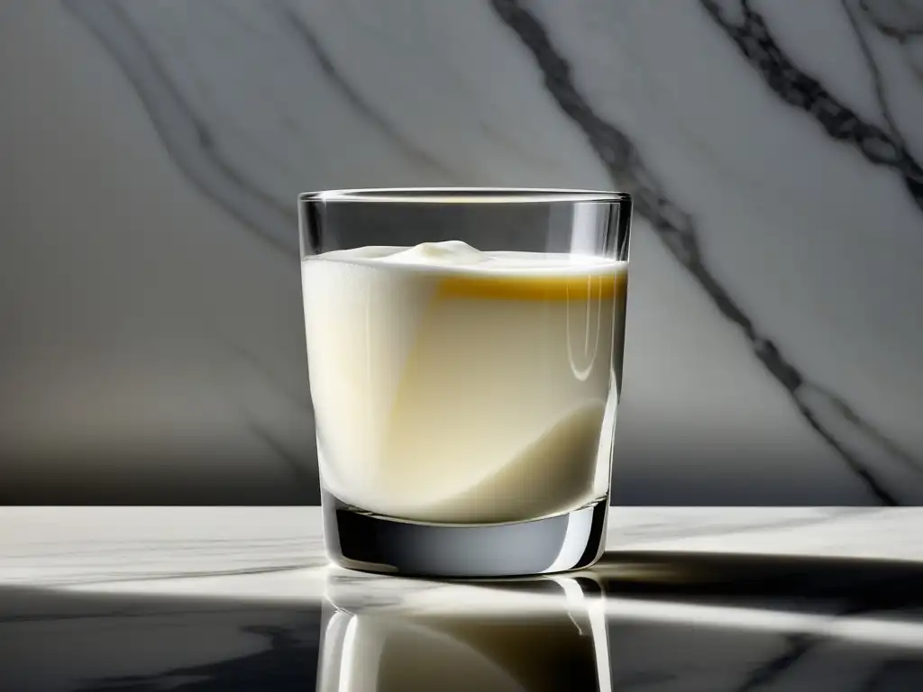 Suero de leche en recetas: Vaso de suero de leche en encimera de mármol, minimalista, elegante