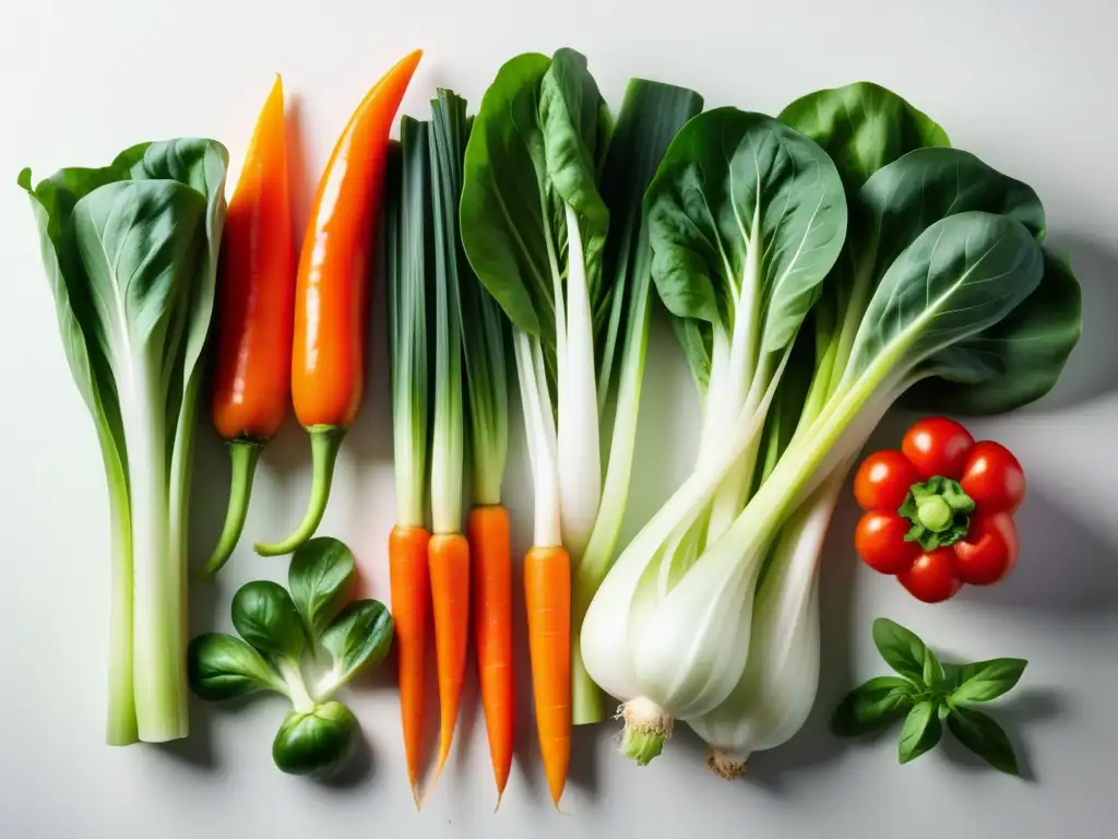 Cocina asiática vegetariana con vibrantes verduras y hierbas frescas en fondo blanco minimalista