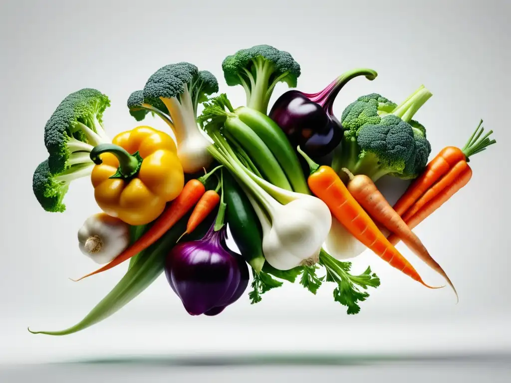 Hortalizas en la cocina alcalina: Composición surrealista de coloridas verduras flotando en el aire, fondo blanco