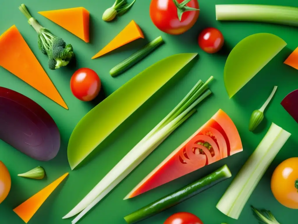 Una composición abstracta de vegetales marinados y sazonados, vibrante y detallada en 8K