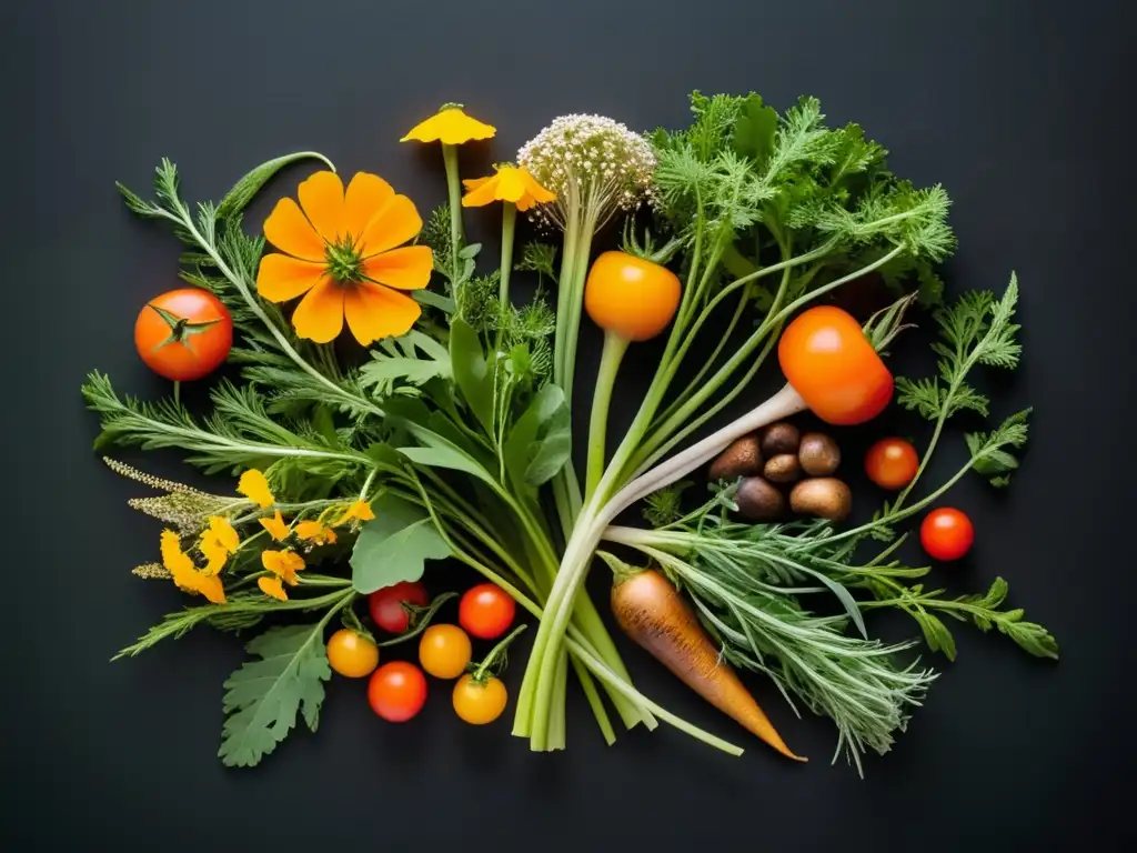 Hortalizas silvestres en vibrante composición con flores -