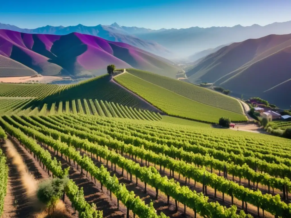 Fiesta de la Vendimia en Chile: Vistas panorámicas de un viñedo en 8k, con uvas maduras y montañas nevadas