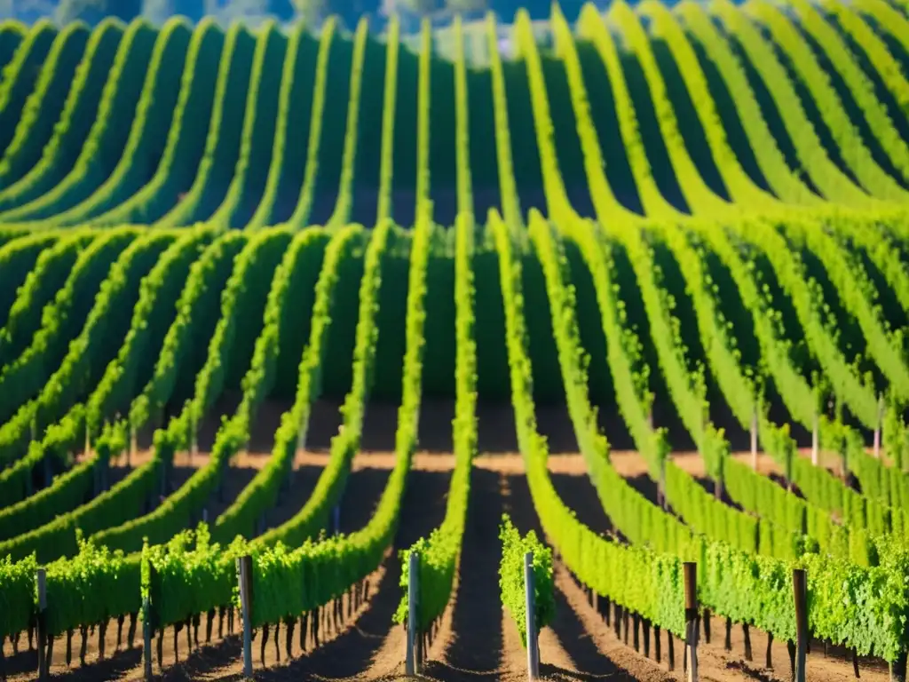 Fiesta de la Vendimia en Chile: viñedo ordenado y simétrico con vides verdes y suelo rojizo