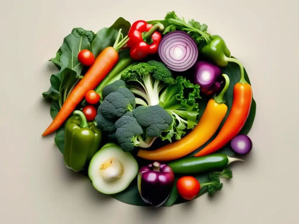 Beneficios nutricionales de verduras y hortalizas en una composición abstracta de colores vibrantes