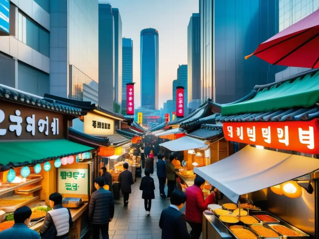 Delicias callejeras en Corea del Sur: comida vibrante y sabrosa en una bulliciosa calle de Seúl