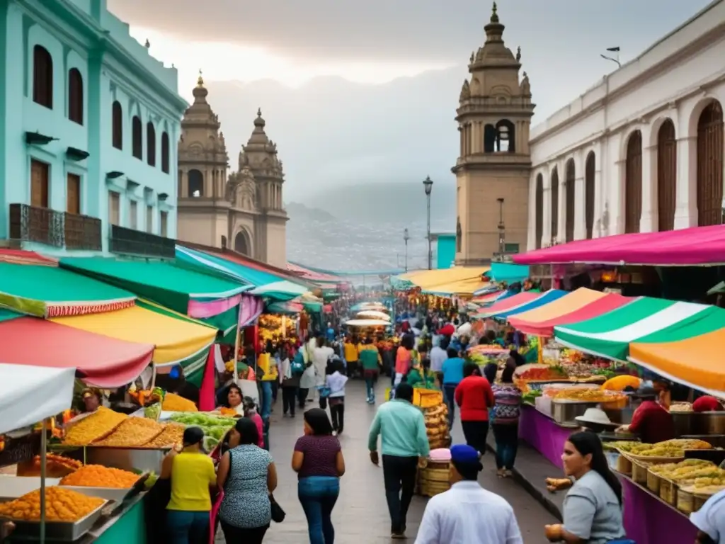 Comida callejera de Lima: vibrante escena con ceviche, anticuchos y empanadas, arquitectura icónica y fusión de tradición y progreso