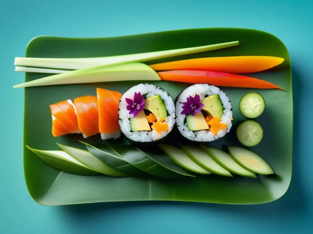 Cocina asiática: sushi roll vibrante rodeado de vegetales y hierbas coloridos, resaltando frescura y meticulosa presentación