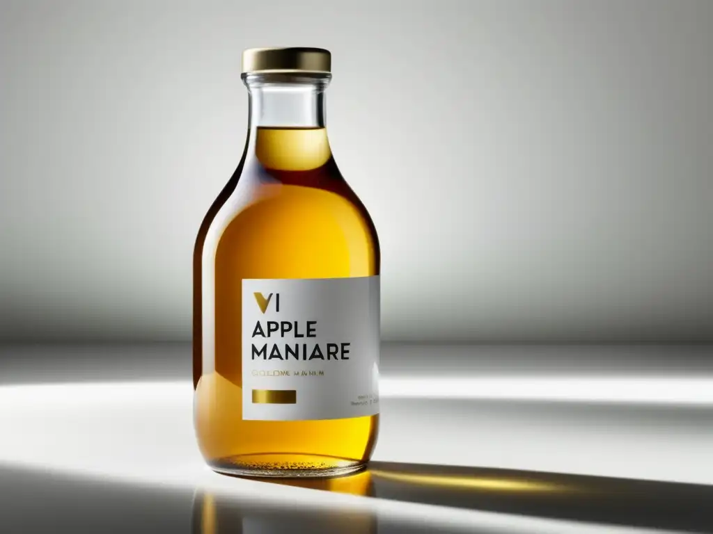 Beneficios del Vinagre de Manzana: Imagen minimalista de una botella de vidrio con líquido dorado, etiquetada 