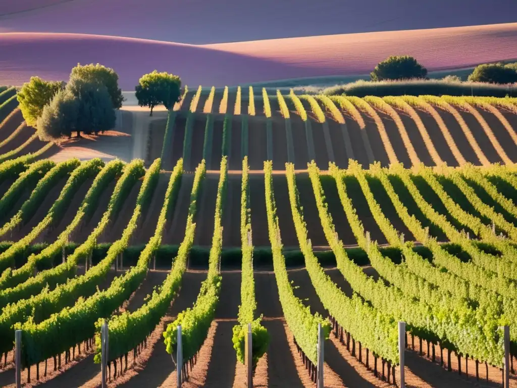 Vinos Veganos: Vineyard at sunset, geometric vines, rhythmic patterns, tranquility and nature