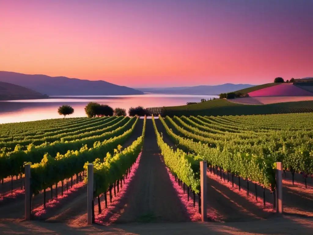 Vinos veganos: imagen serena de viñedos al atardecer