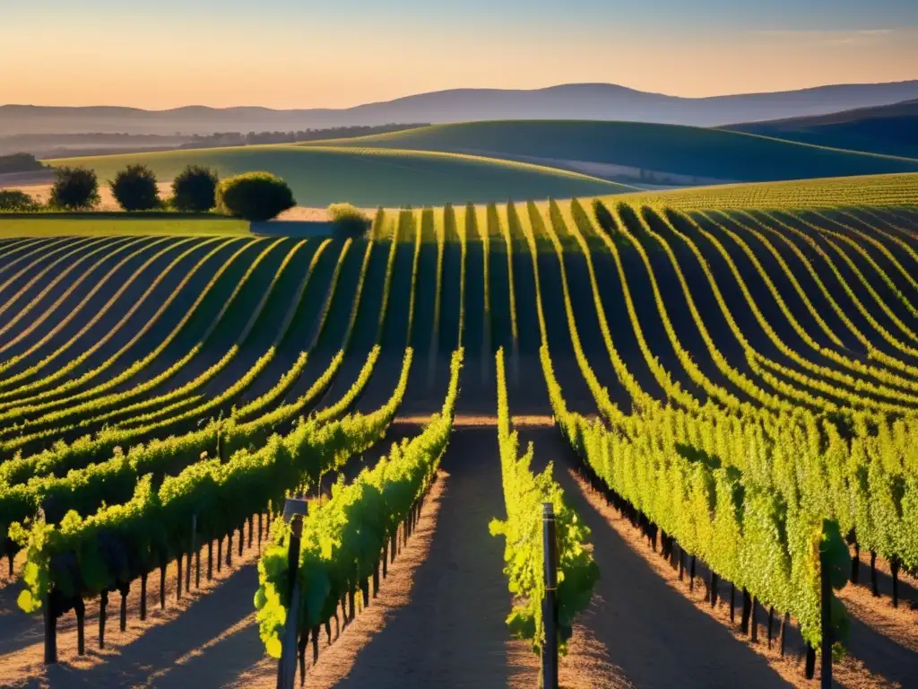 Proceso del vino Mediterráneo: viñedo al atardecer