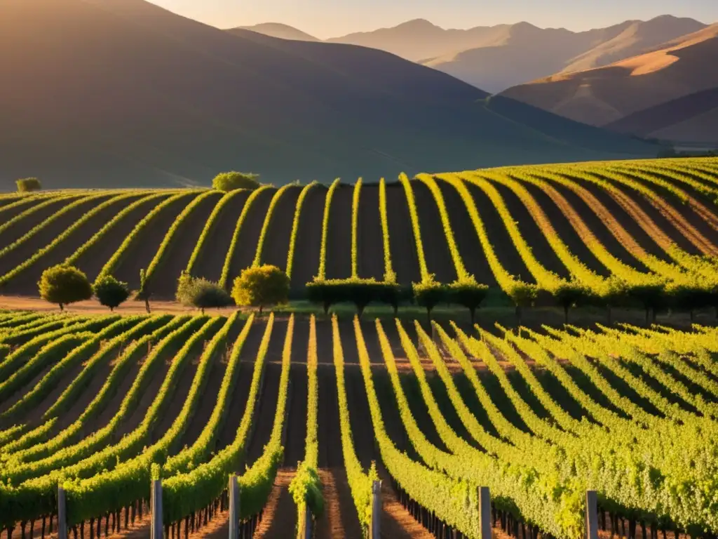 Vinos chilenos: viñedo minimalista al atardecer