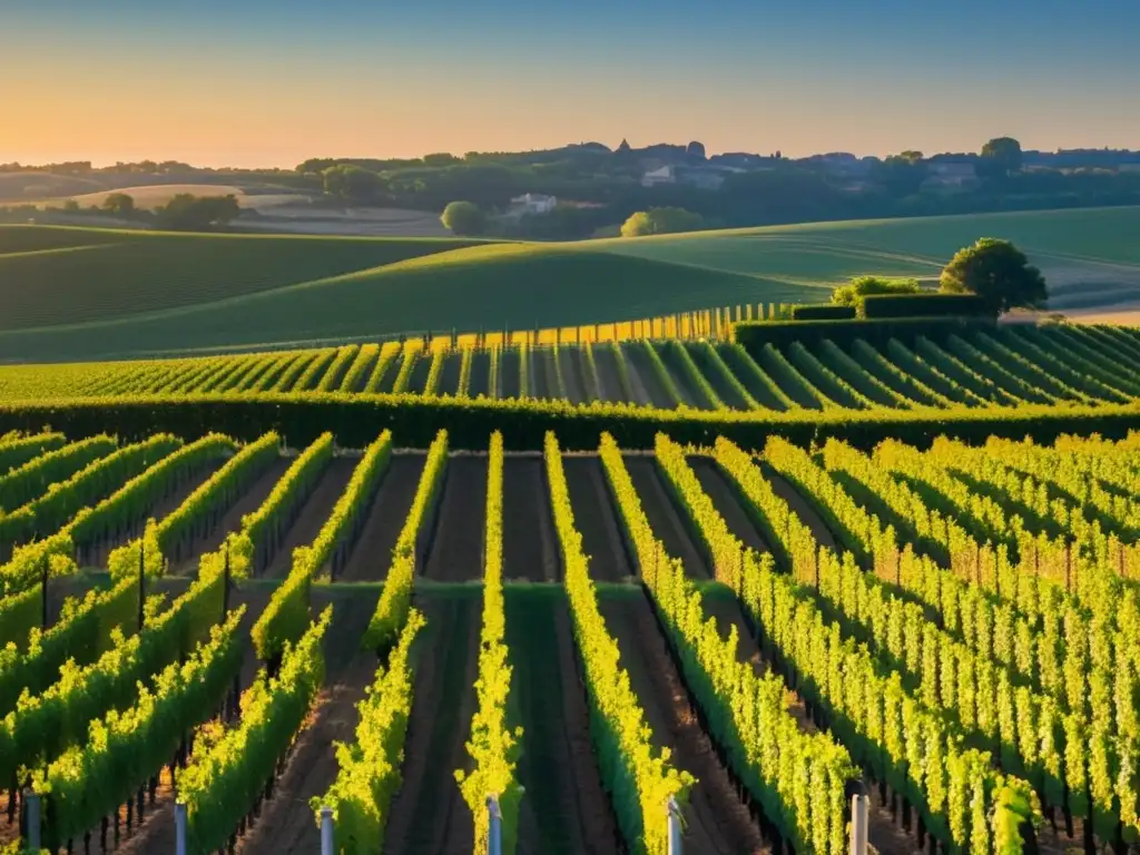 Viñedo en Burdeos al atardecer: belleza serena, colores vibrantes y atención meticulosa a los detalles en la tradición de los Vinos de Burdeos