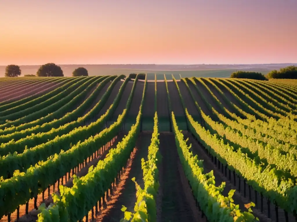 Viñedos en Burdeos al atardecer, con filas de uvas bañadas en cálida luz dorada