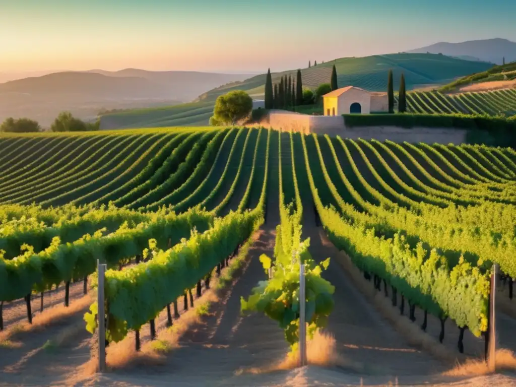 Vid a copa: Proceso del vino Mediterráneo - Viñedo al atardecer: colores suaves, tranquilidad