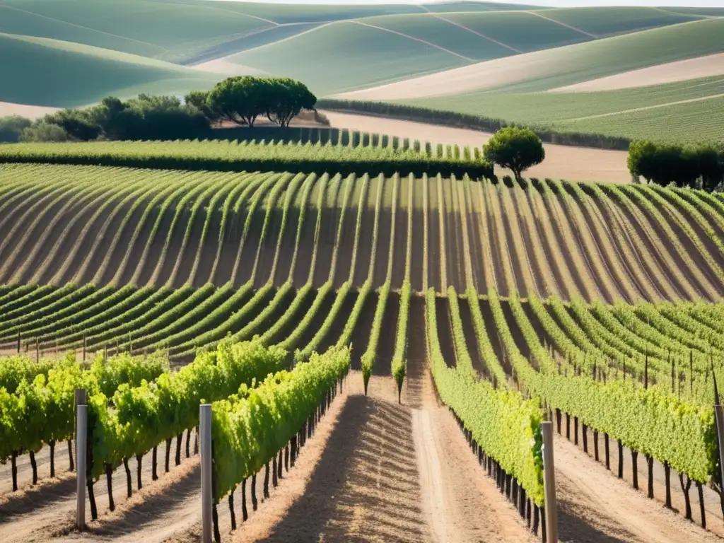 Descubre los Vinos de la Ribera del Duero: una imagen minimalista y abstracta de un viñedo en la región, con filas de vides alineadas hacia un punto central