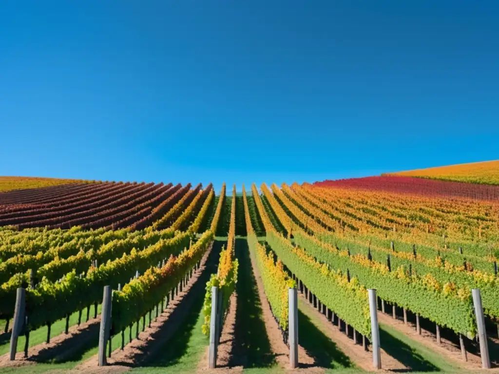 Vinos de Canadá: Un Descubrimiento Sorprendente: Viñedo otoñal minimalista y abstracto, con vides en tonos rojos, naranjas y amarillos