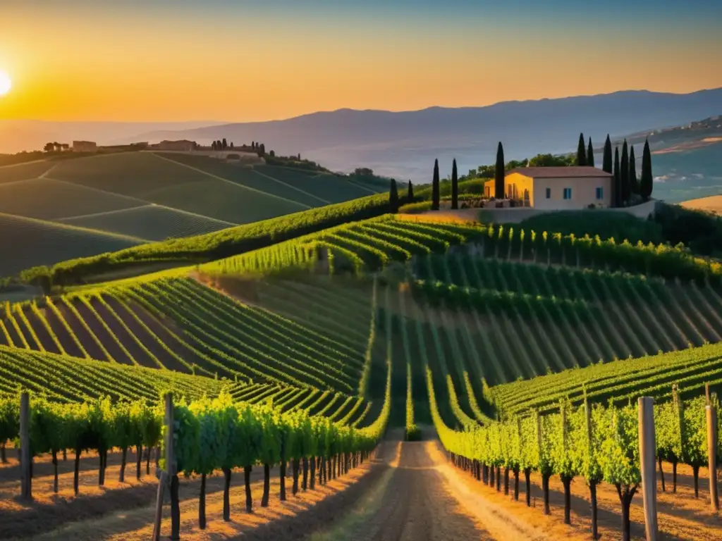 Vino mediterráneo: Exquisita belleza de viñedos al atardecer