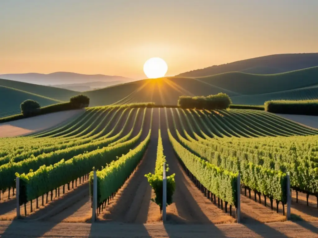 Vinos franceses famosos: imagen minimalista de un viñedo al amanecer, con colores pastel y formas geométricas