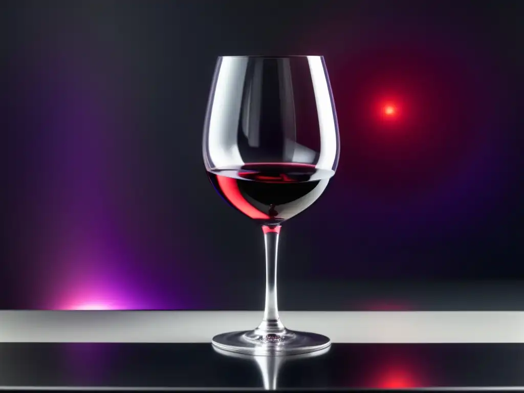 Imagen de una copa de vino en mesa de mármol negro, con vino rojo y fondo abstracto en tonos púrpura y burdeos