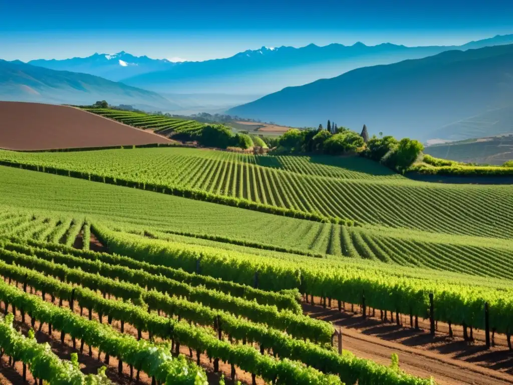 Viñedo chileno: tierra rojiza y majestuosas montañas nevadas