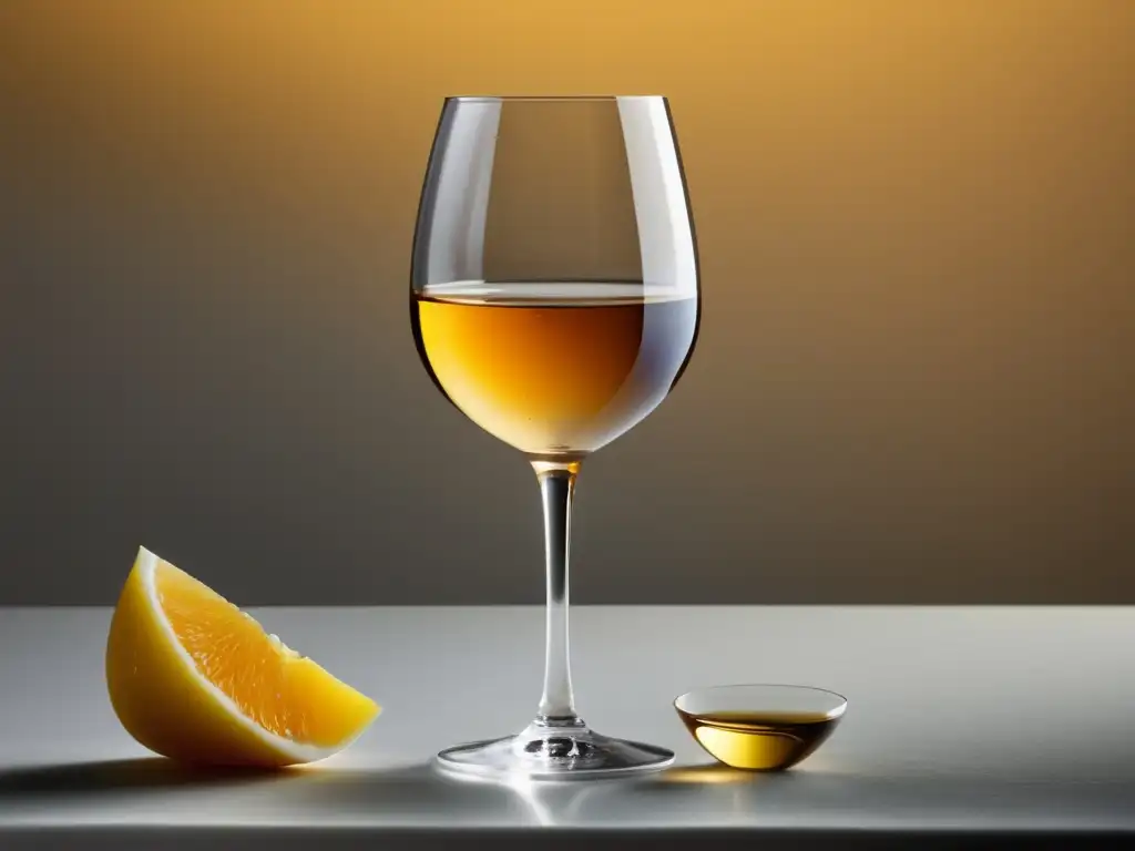 Vinos de postre: copa de vino ámbar equilibrado y elegante, reflejando la luz