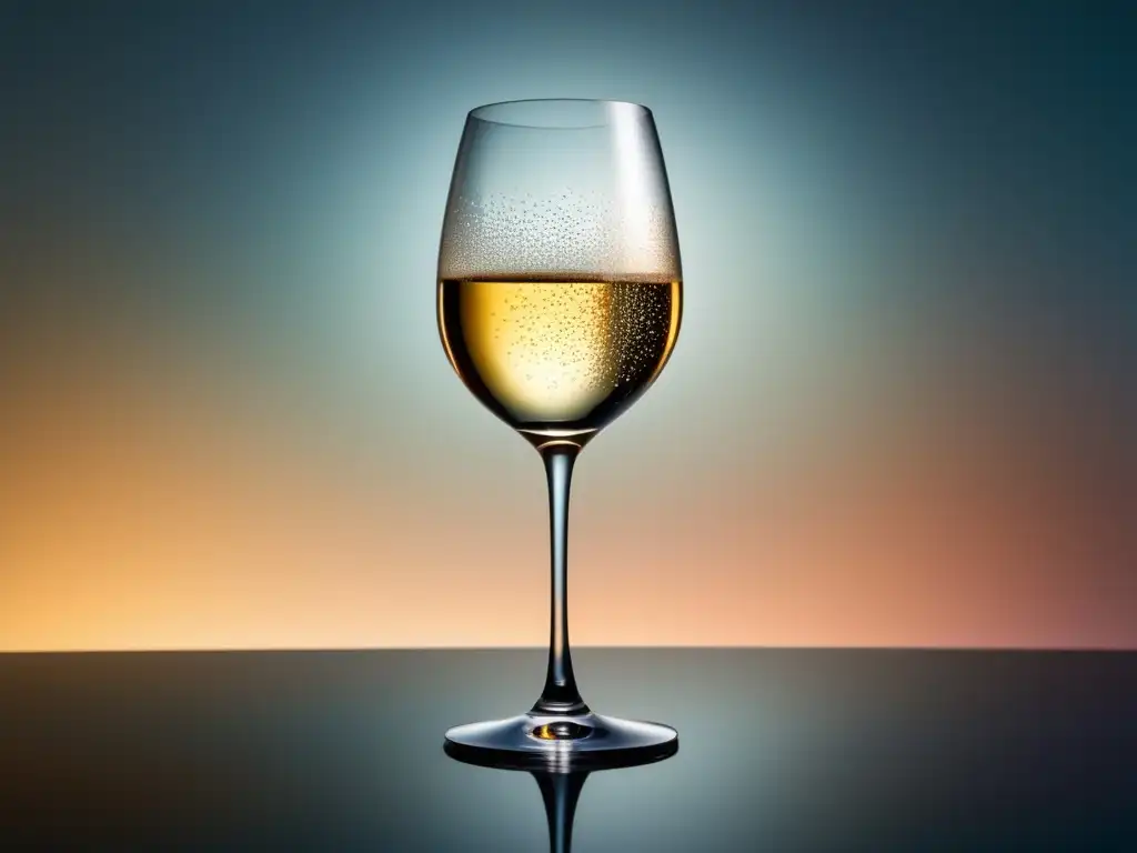 Imagen de copa de vino espumoso elegante y minimalista, reflejada en superficie brillante