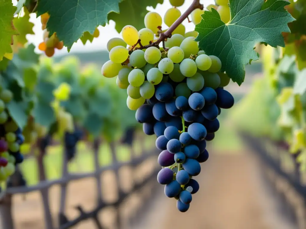 Proceso de elaboración de vino de Jerez con uvas en distintas etapas de madurez, colores vibrantes y detalles meticulosos