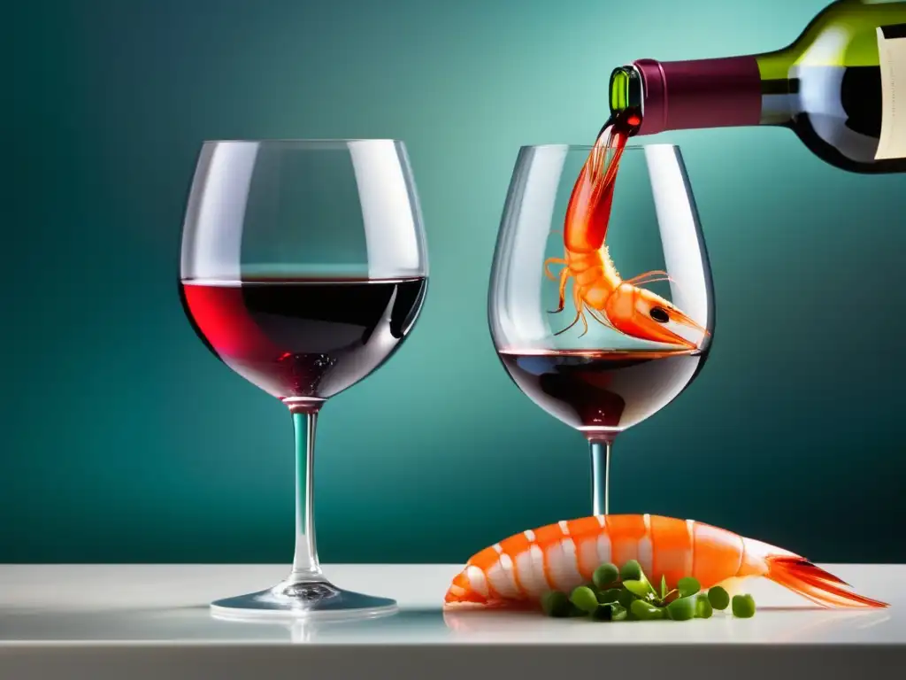 El arte de maridar vinos con pescados y mariscos - Imagen minimalista y abstracta que muestra la combinación de vinos con mariscos, destacando un vaso de vino tinto vibrante y una selección de mariscos frescos y grillados