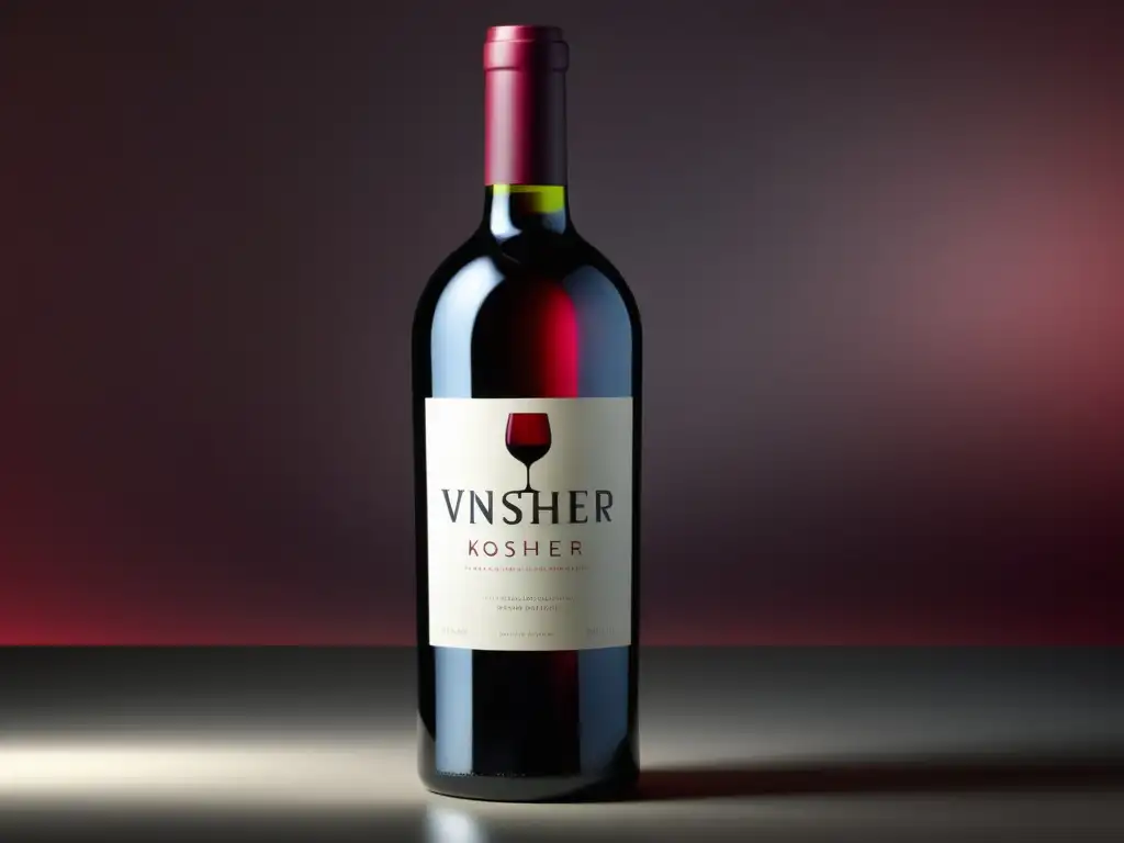 Vinos Kosher: botella minimalista de vidrio con vino rojo, elegante etiqueta y fondo degradado