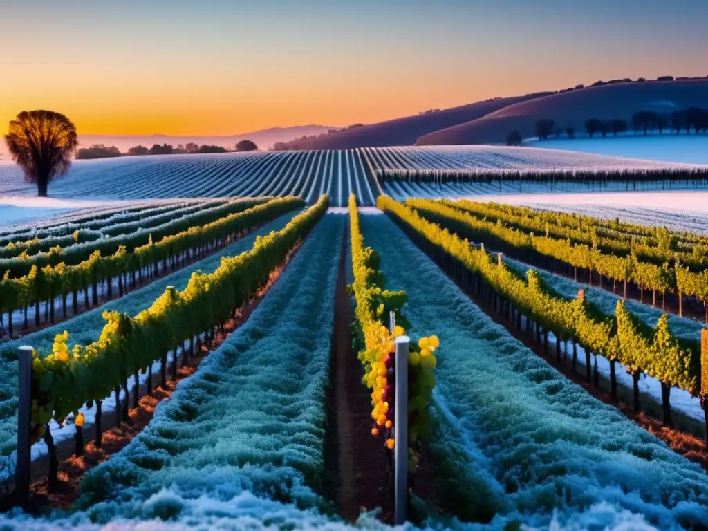 Viñedos con uvas congeladas al atardecer - Los Vinos de Hielo: Un Placer Dulce y Refrescante