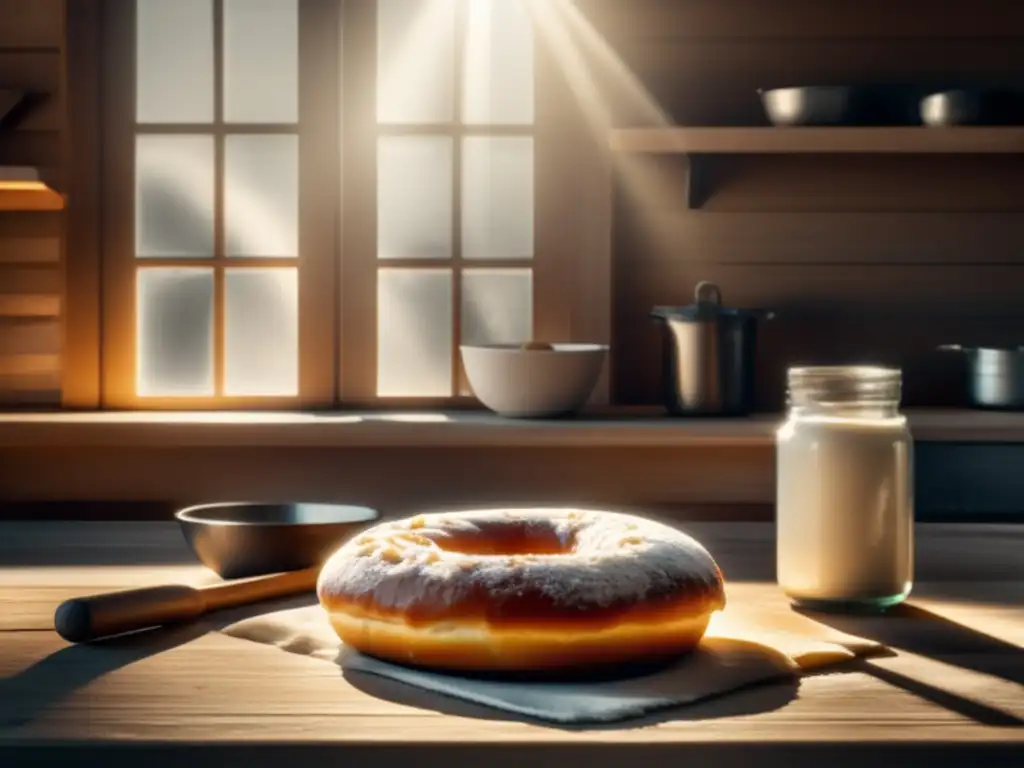 Ilustración minimalista de una cocina de panadería vintage con donas recién horneadas y utensilios de repostería