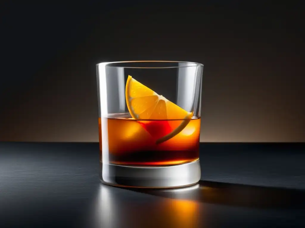 Old Fashioned: Cóctel de los Conocedores - Copa minimalista con un elegante Old Fashioned, garnitura de naranja y cereza, sobre fondo cálido