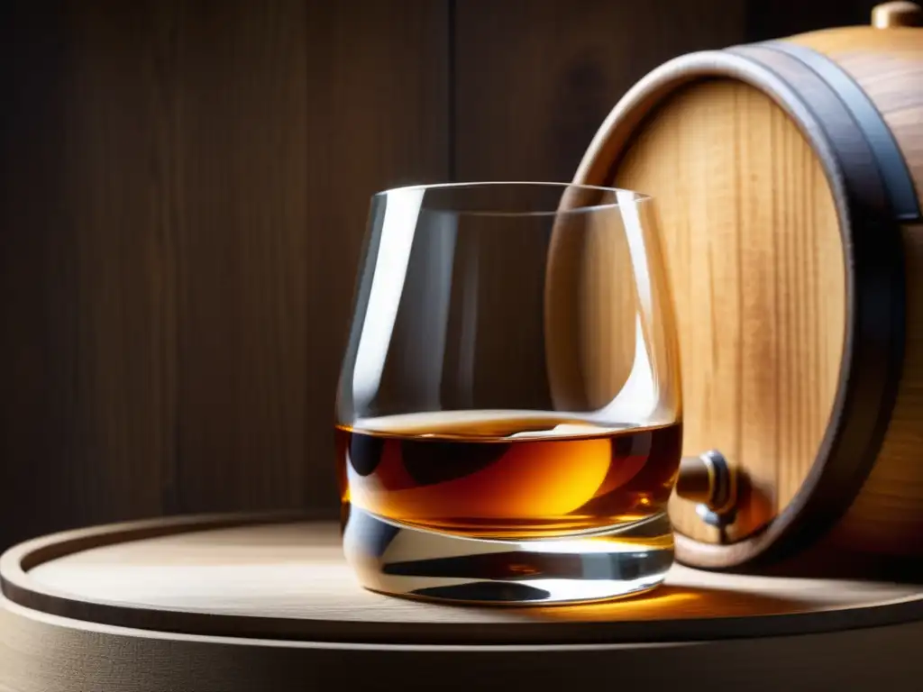 La fascinante historia del whisky: Un vaso de whisky en barril de madera, elegante y artístico