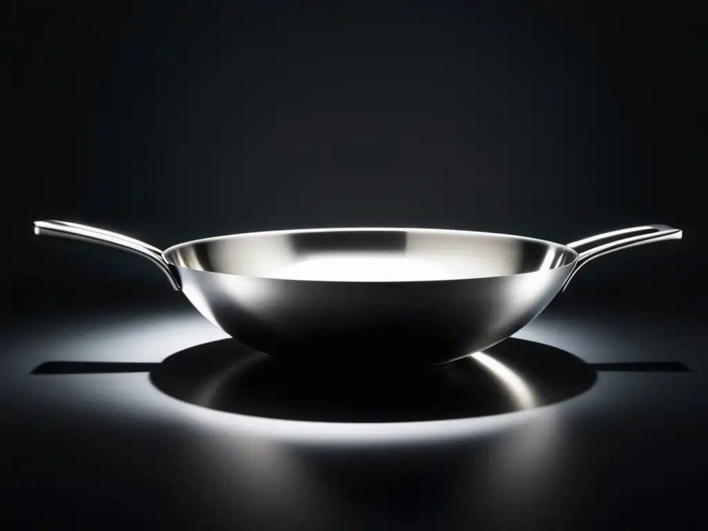 Wok cocina asiática: imagen minimalista de un wok brillante y elegante sobre fondo oscuro, reflejando la luz