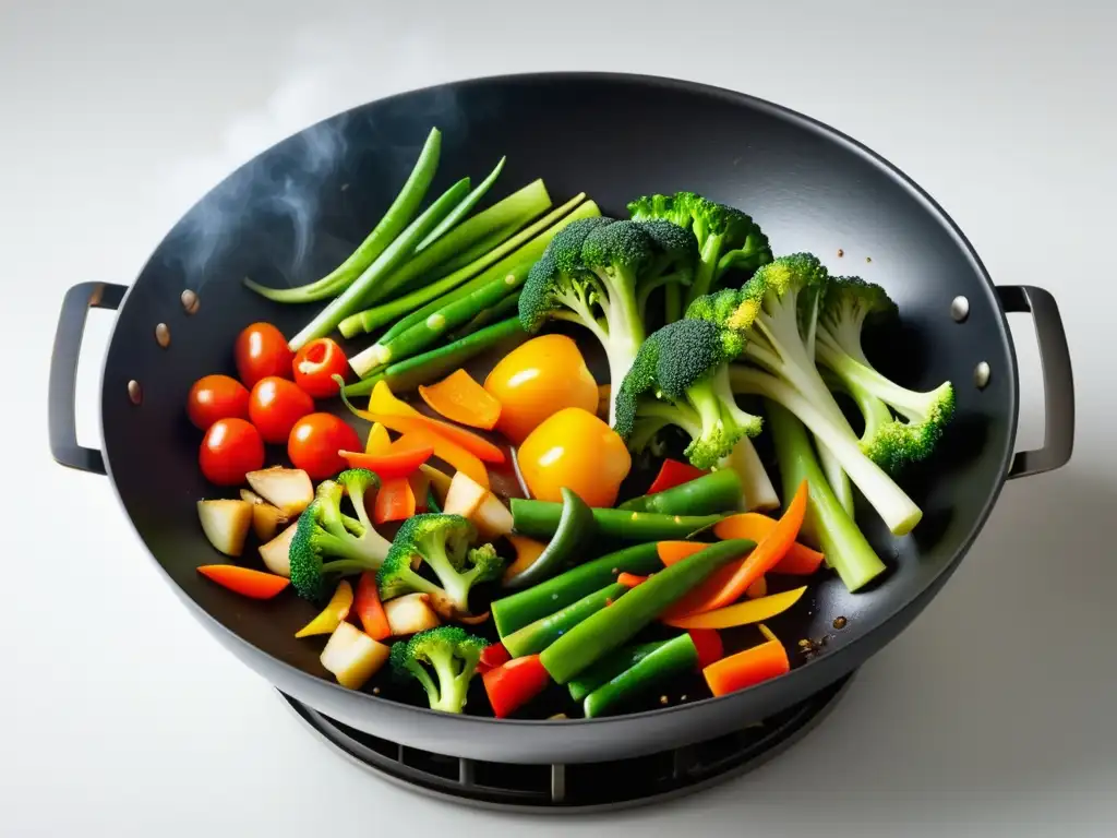 Wok de cocina asiática con vegetales salteados en un fondo blanco