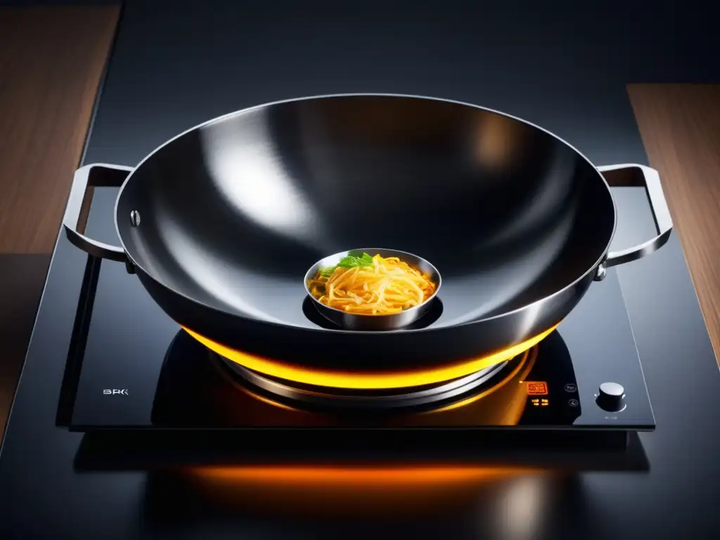 Wok de cocina asiática: ultradetallado, acero inoxidable de calidad, superficie reflectante, mango de madera oscura