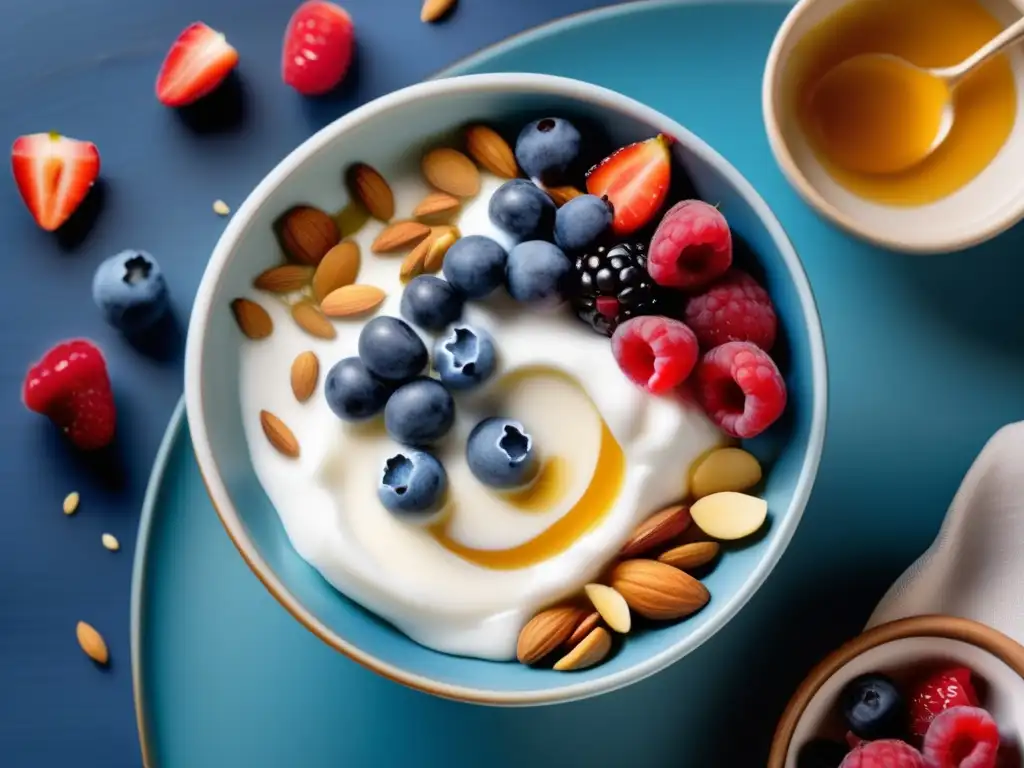 Beneficios del yogur griego en la Cocina Mediterránea: yogurt, miel, frutas y almendras sobre mármol azul